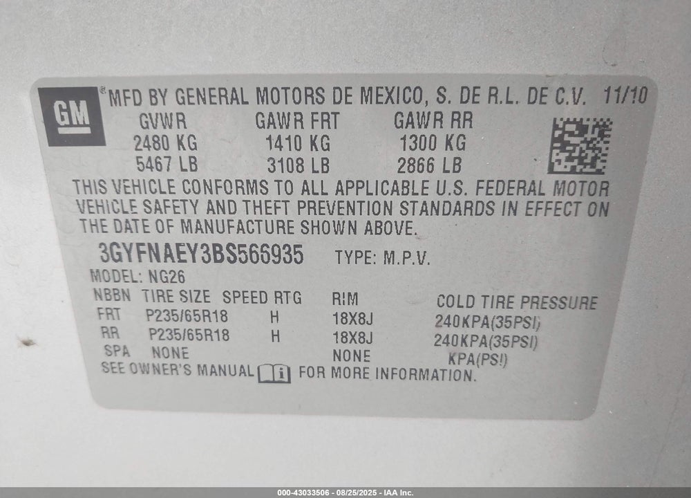 2011 CADILLAC SRX VIN: 3GYFNAEY3BS566935