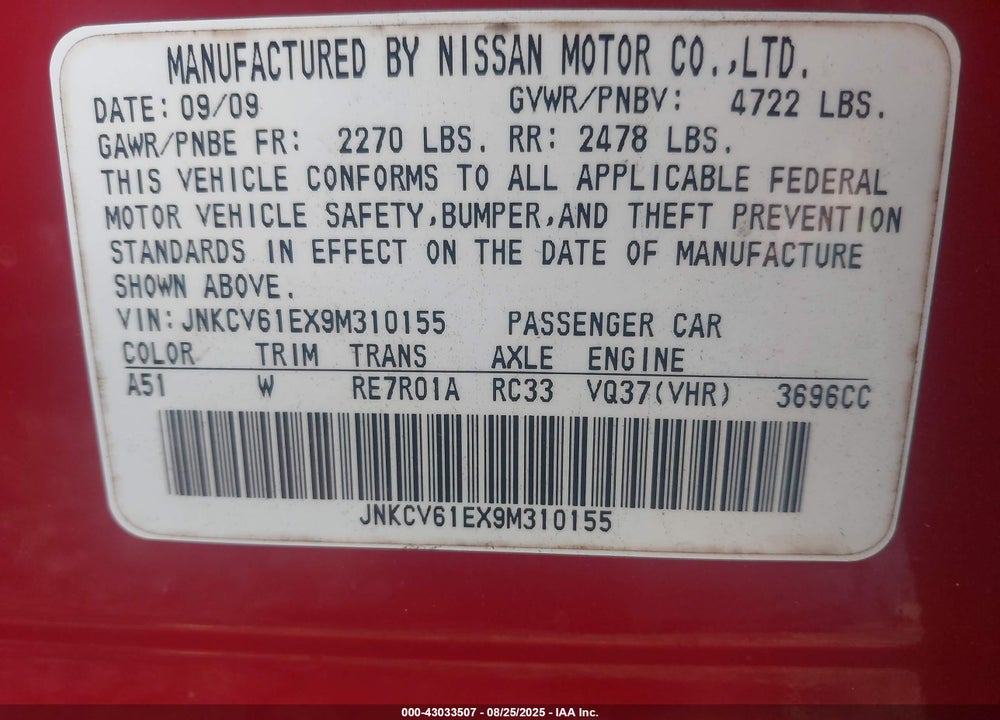 2009 INFINITI G37 JOURNEY VIN: JNKCV61EX9M310155