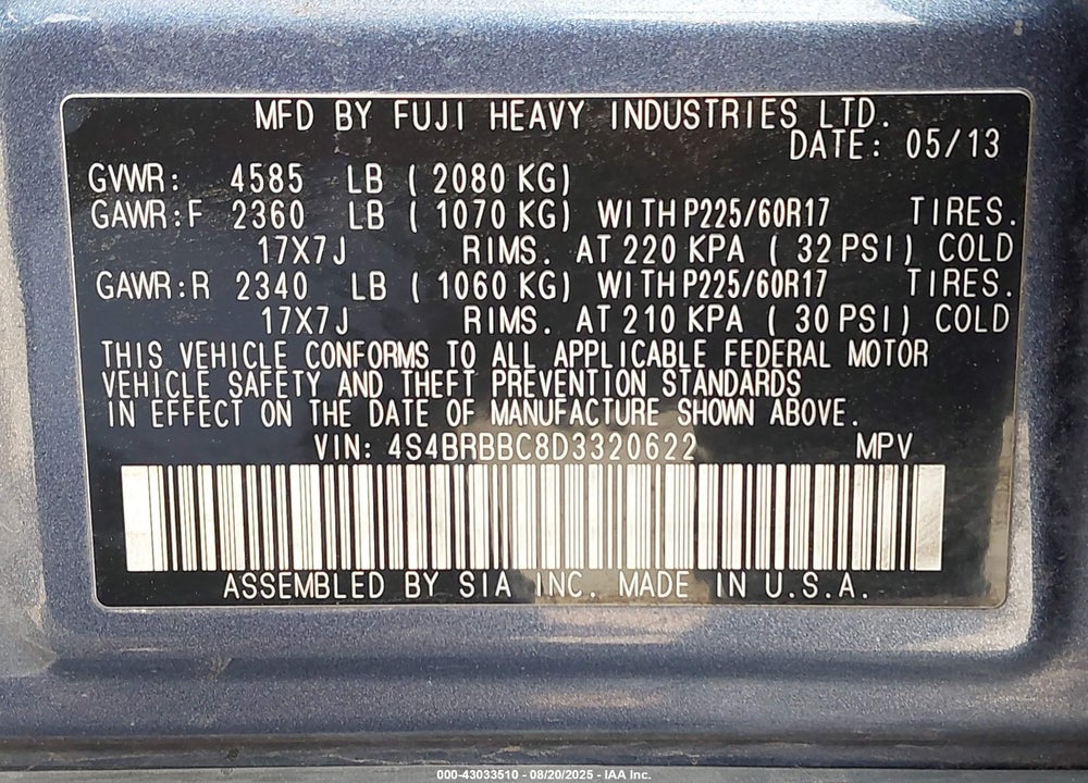 2013 SUBARU OUTBACK 2.5I PREMIUM VIN: 4S4BRBBC8D3320622