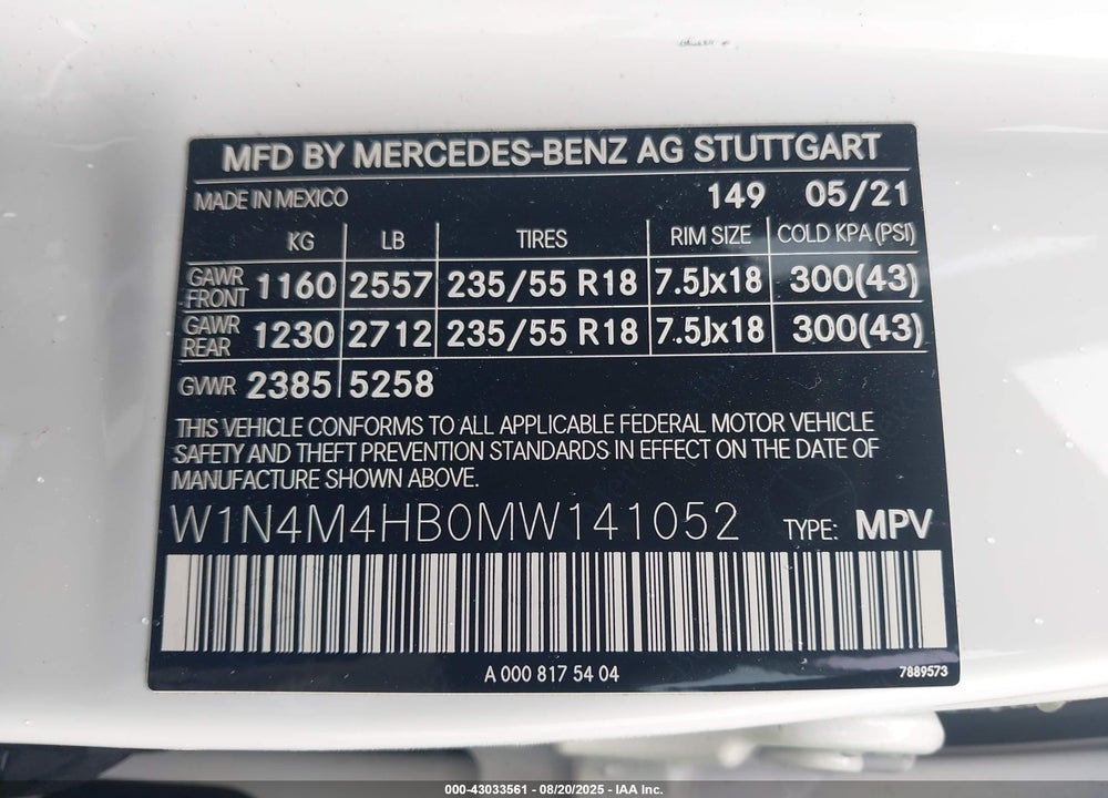 2021 MERCEDES-BENZ GLB 250 4MATIC VIN: W1N4M4HB0MW141052