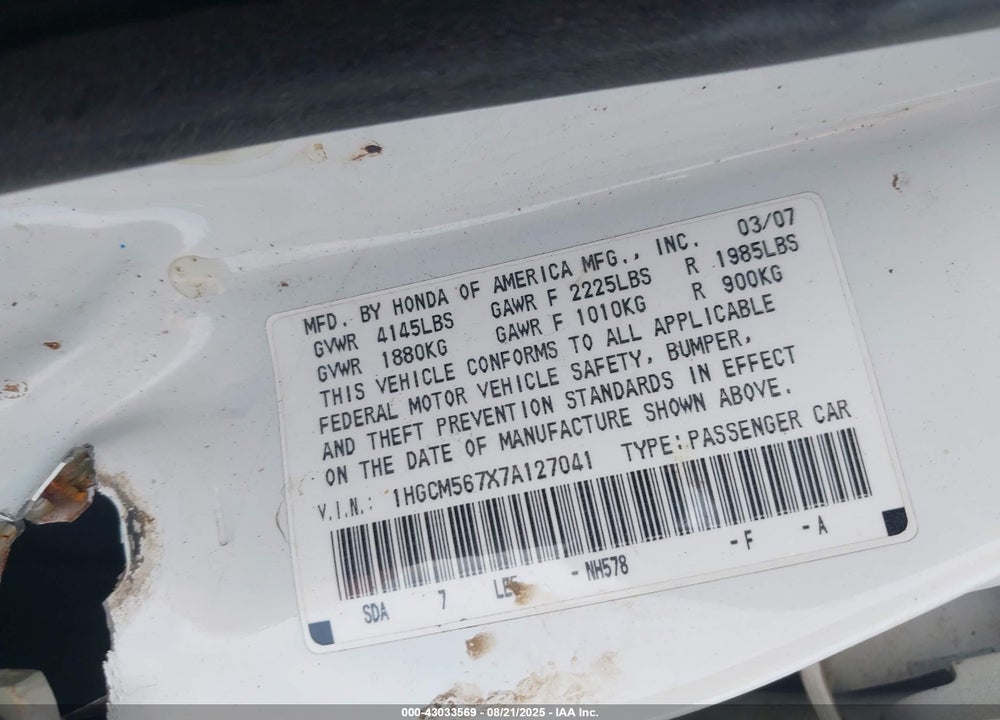 2007 HONDA ACCORD VIN: 1HGCM567X7A127041