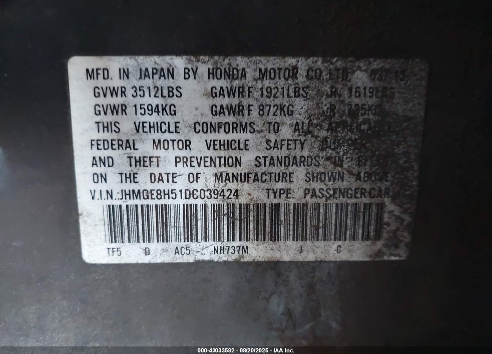 2013 HONDA FIT VIN: JHMGE8H51DC039424