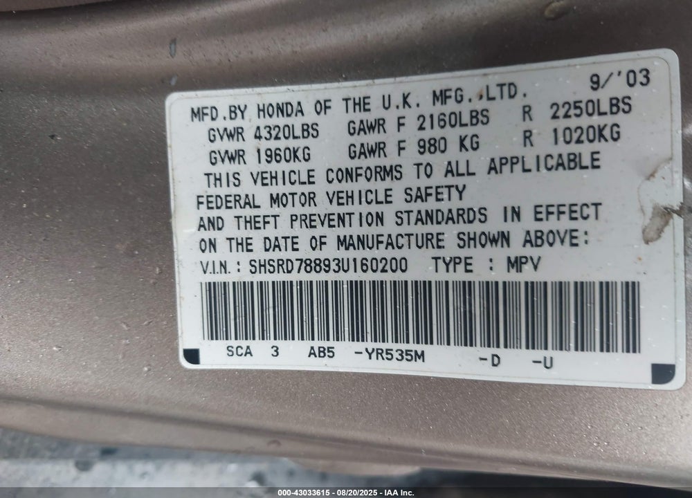2003 HONDA CR-V EX VIN: SHSRD78893U160200