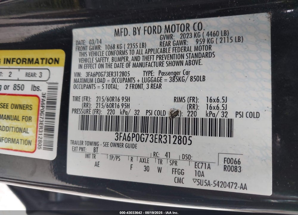 2014 FORD FUSION VIN: 3FA6P0G73ER312805