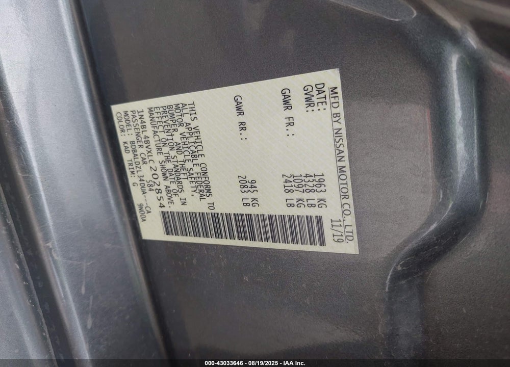 2020 NISSAN ALTIMA VIN: 1N4BL4BVXLC202854