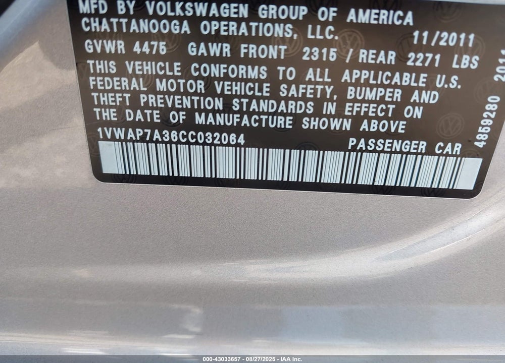 2012 VOLKSWAGEN PASSAT VIN: 1VWAP7A36CC032064