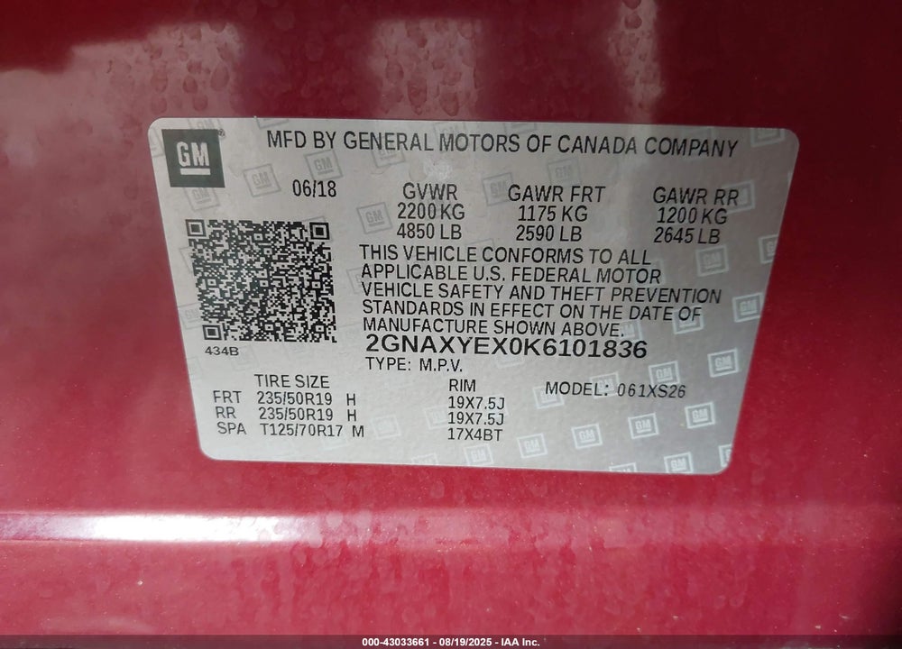 2019 CHEVROLET EQUINOX PREMIER VIN: 2GNAXYEX0K6101836