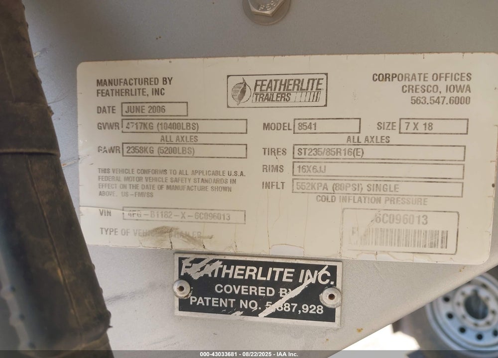 2006 FEATHERLITE --- VIN: 4FGB1182X6C096013