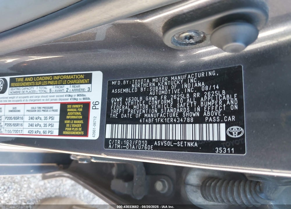 2014 TOYOTA CAMRY VIN: 4T4BF1FK1ER434788