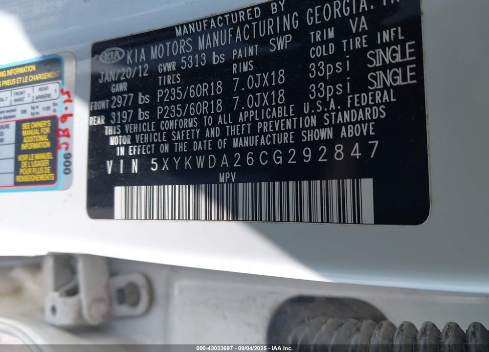 2012 KIA SORENTO VIN: 5XYKWDA26CG292847