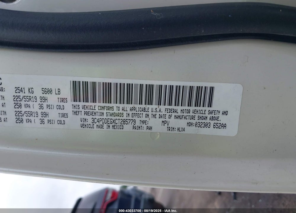 2012 DODGE JOURNEY VIN: 3C4PDDEGXCT285779