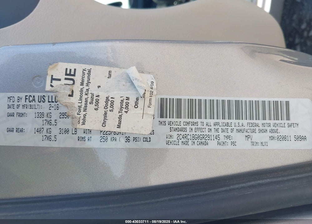 2016 CHRYSLER TOWN & COUNTRY TOURING VIN: 2C4RC1BG0GR291145