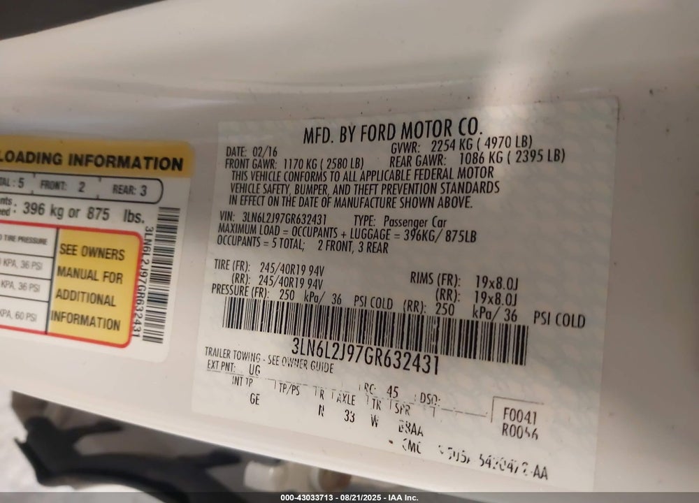 2016 LINCOLN MKZ VIN: 3LN6L2J97GR632431