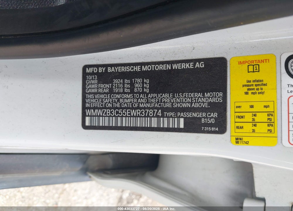 2014 MINI COUNTRYMAN VIN: WMWZB3C55EWR37874