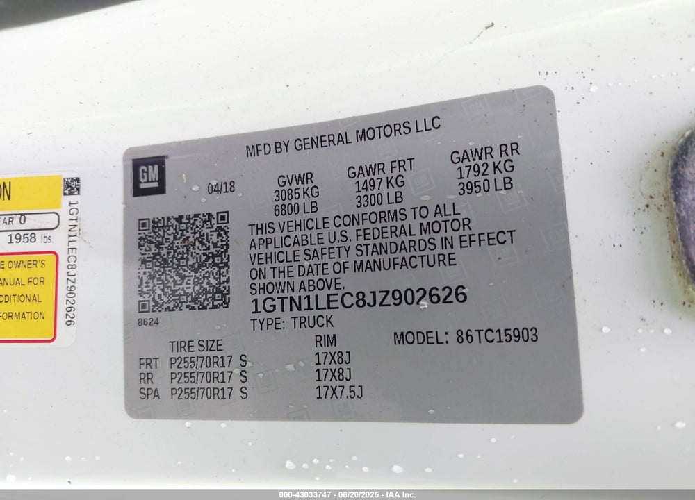 2018 GMC SIERRA 1500 VIN: 1GTN1LEC8JZ902626