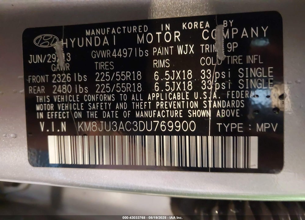2013 HYUNDAI TUCSON VIN: KM8JU3AC3DU769900