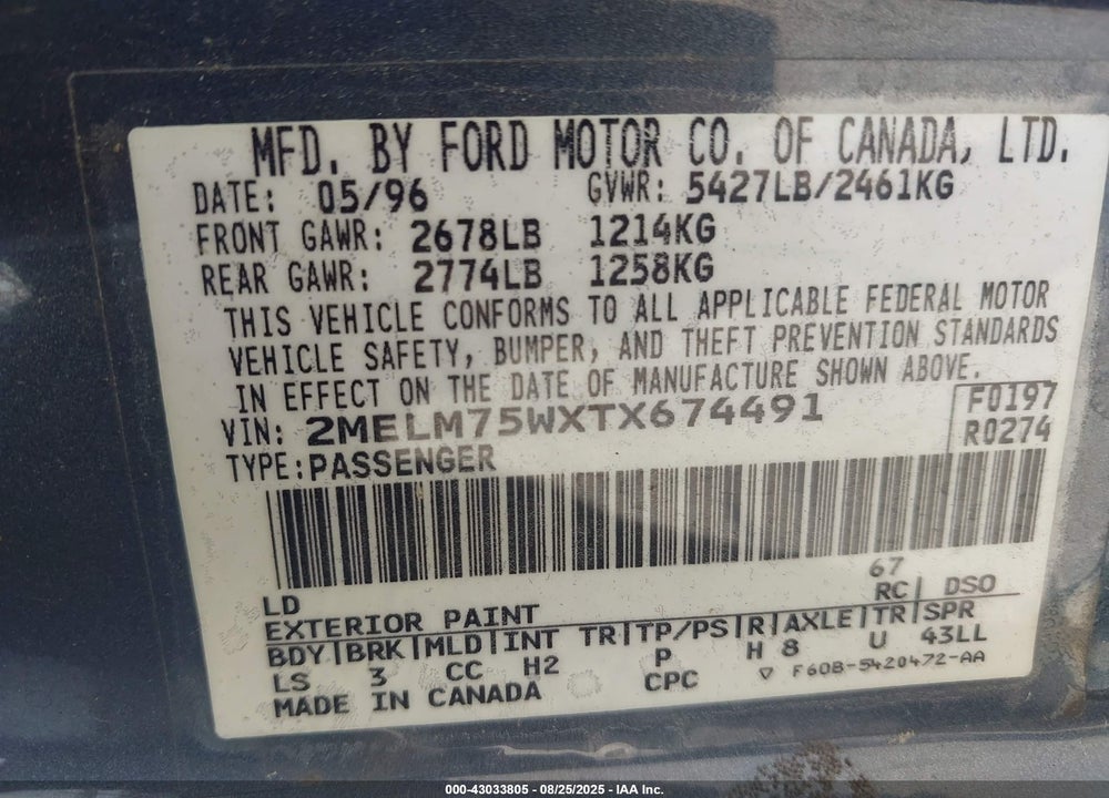 1996 MERCURY GRAND MARQUIS LS/BAYSHORE VIN: 2MELM75WXTX674491