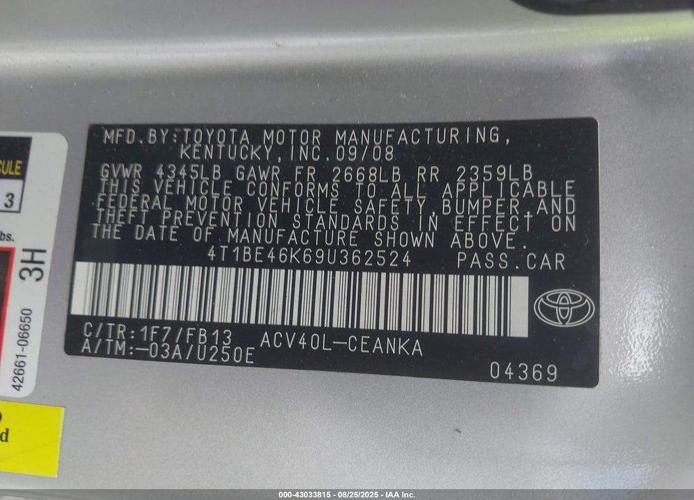 2009 TOYOTA CAMRY VIN: 4T1BE46K69U362524