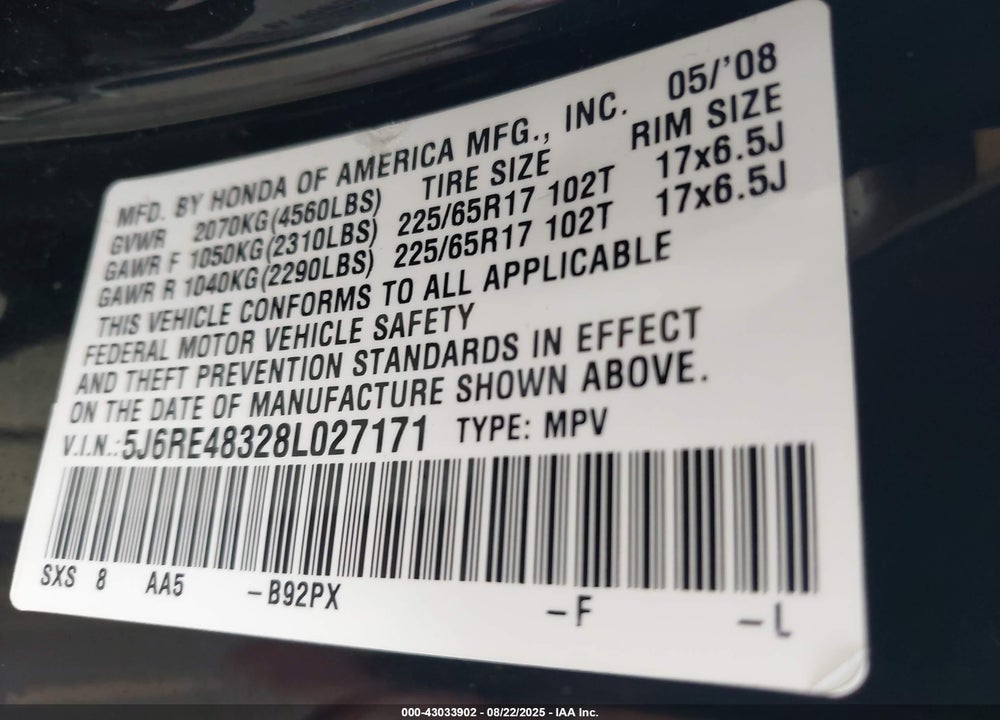 2008 HONDA CR-V LX VIN: 5J6RE48328L027171