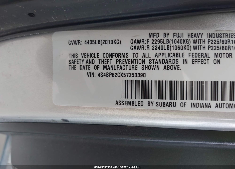 2005 SUBARU OUTBACK 2.5I LIMITED VIN: 4S4BP62CX57350390