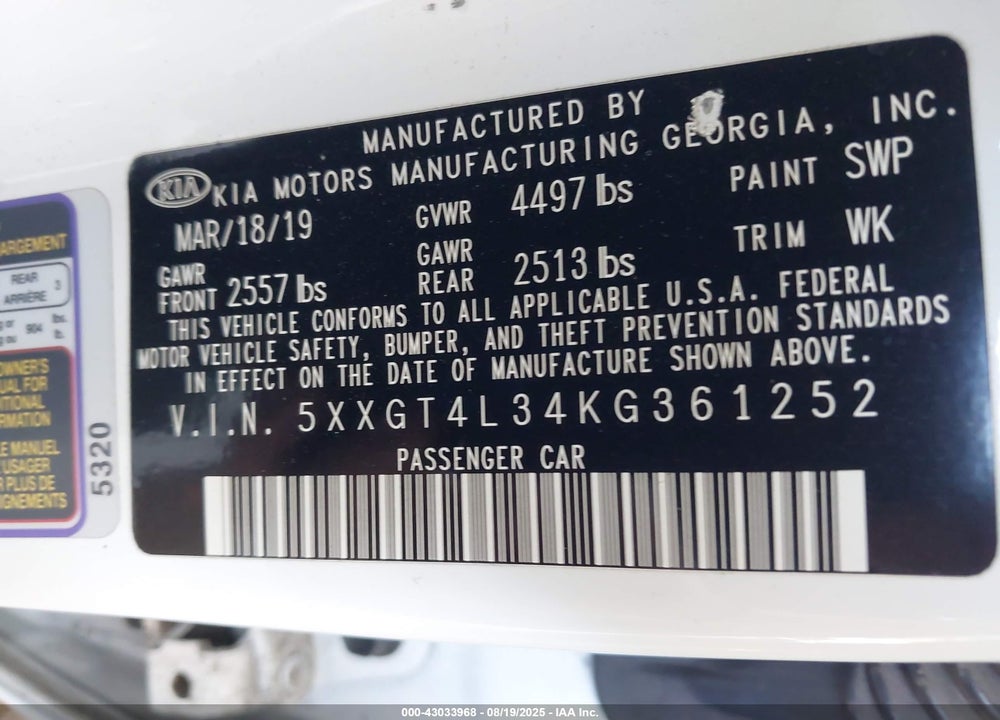 2019 KIA OPTIMA VIN: 5XXGT4L34KG361252