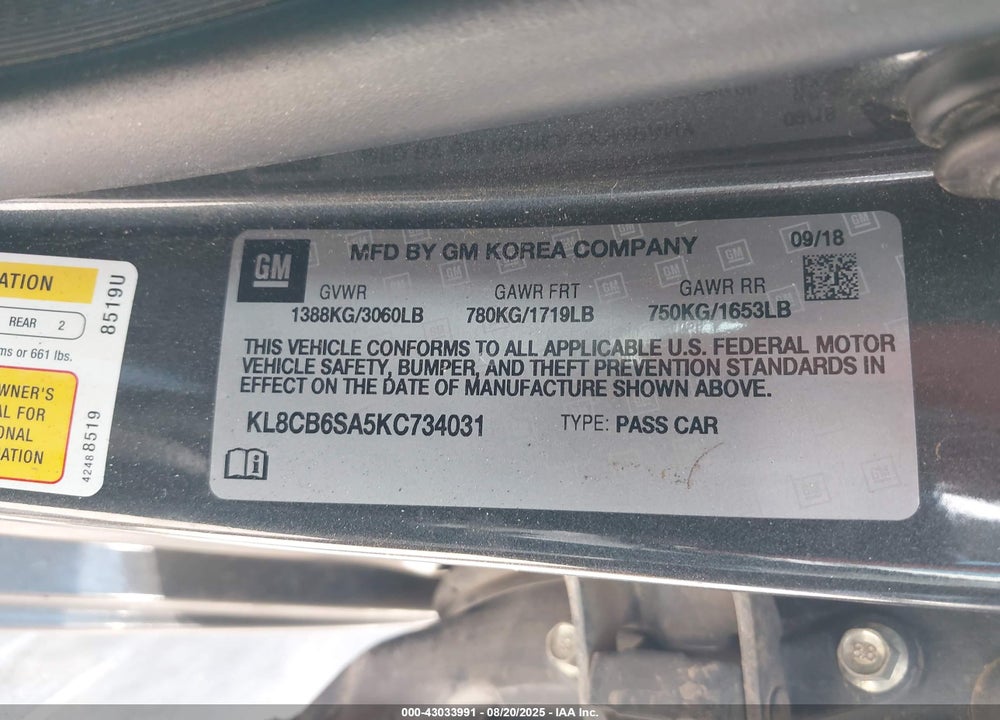 2019 CHEVROLET SPARK VIN: KL8CB6SA5KC734031