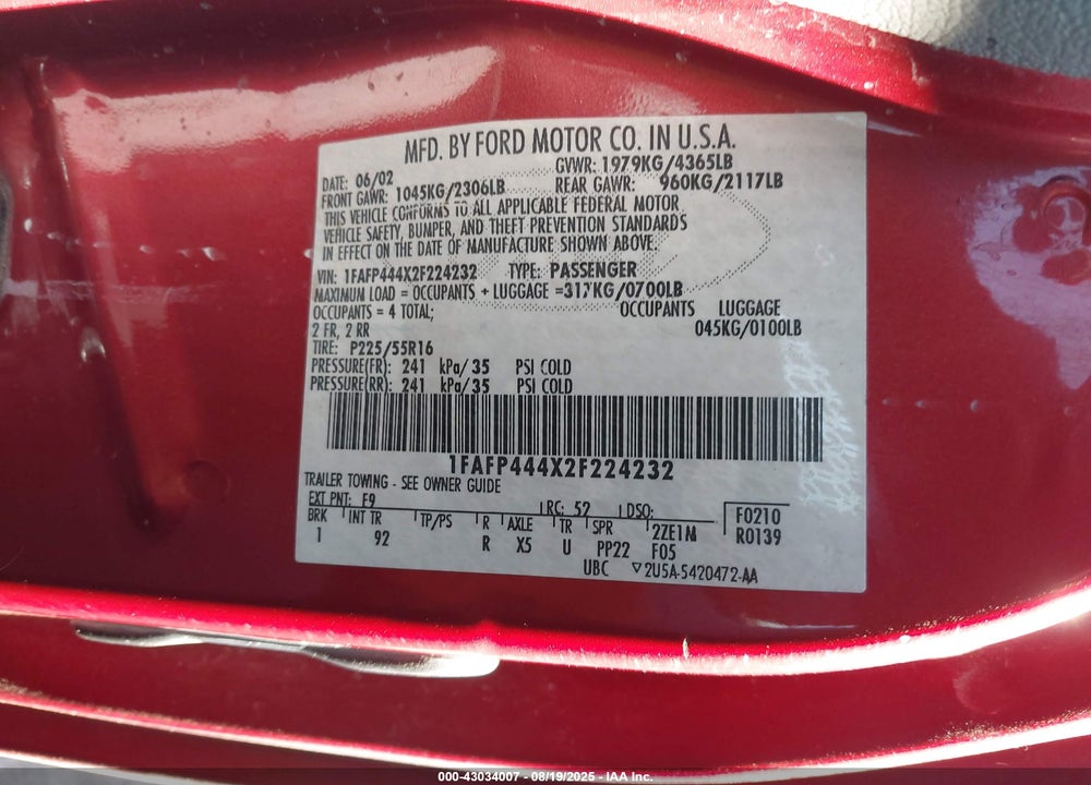 2002 FORD MUSTANG VIN: 1FAFP444X2F224232