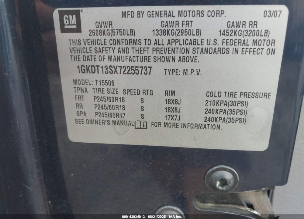 2007 GMC ENVOY SLT VIN: 1GKDT13SX72255737