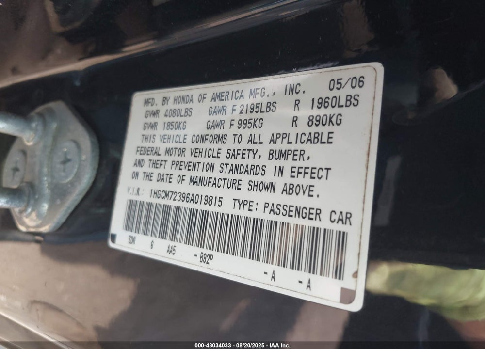 2006 HONDA ACCORD 2.4 LX VIN: 1HGCM72396A019815