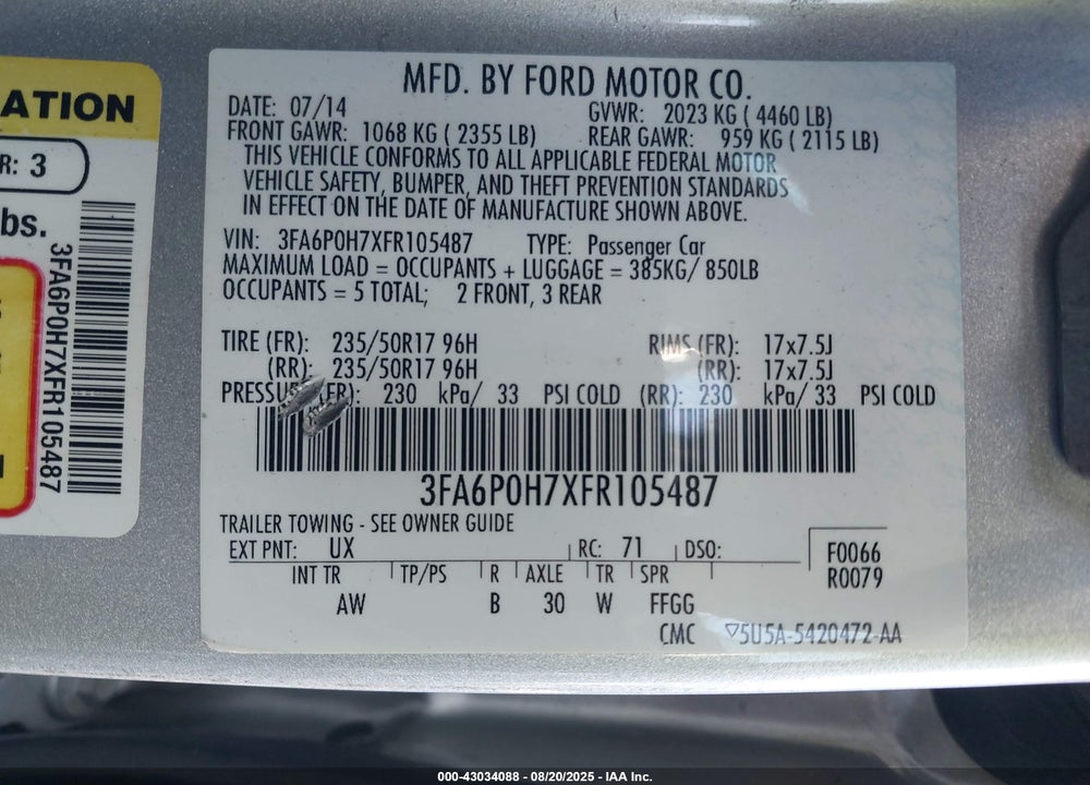 2015 FORD FUSION VIN: 3FA6P0H7XFR105487