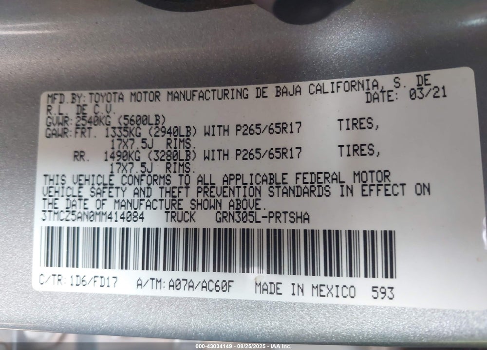 2021 TOYOTA TACOMA VIN: 3TMCZ5AN0MM414084