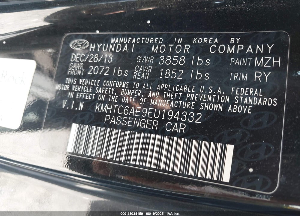 2014 HYUNDAI VELOSTER VIN: KMHTC6AE9EU194332
