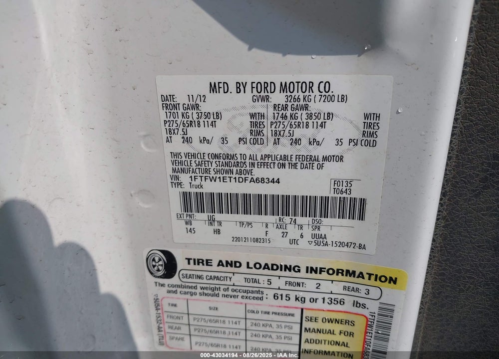2013 FORD F-150 LARIAT VIN: 1FTFW1ET1DFA68344