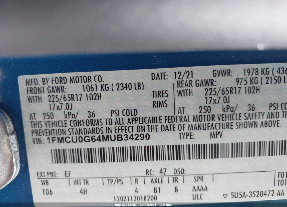 2021 FORD ESCAPE VIN: 1FMCU0G64MUB34290