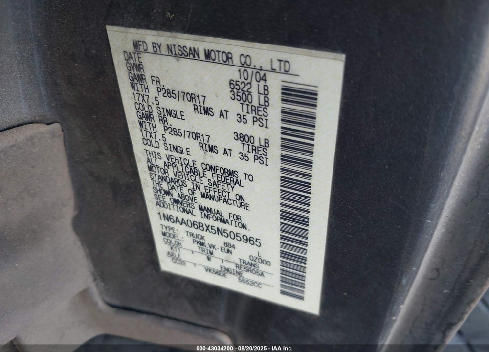 2005 NISSAN TITAN LE VIN: 1N6AA06BX5N505965