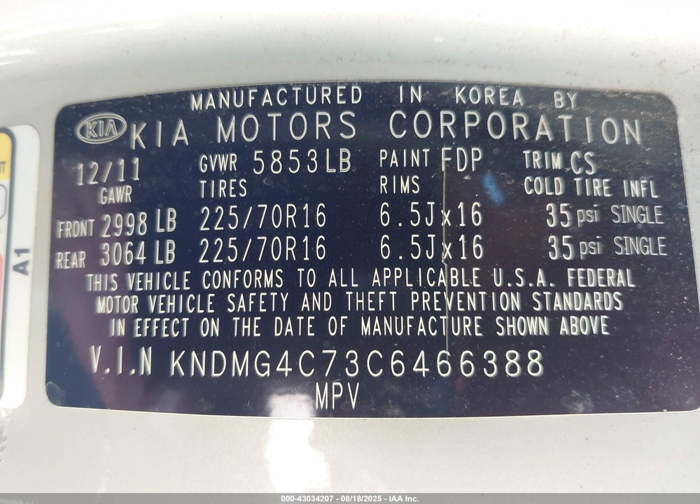 2012 KIA SEDONA LX VIN: KNDMG4C73C6466388