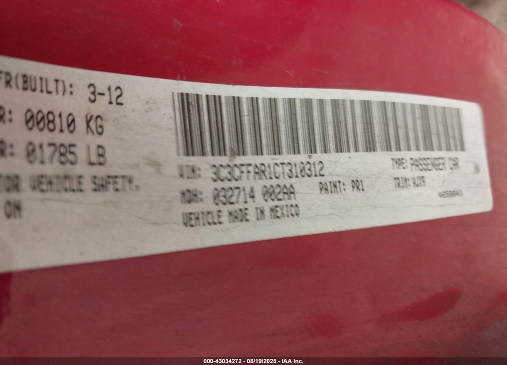 2012 FIAT 500 VIN: 3C3CFFAR1CT310312