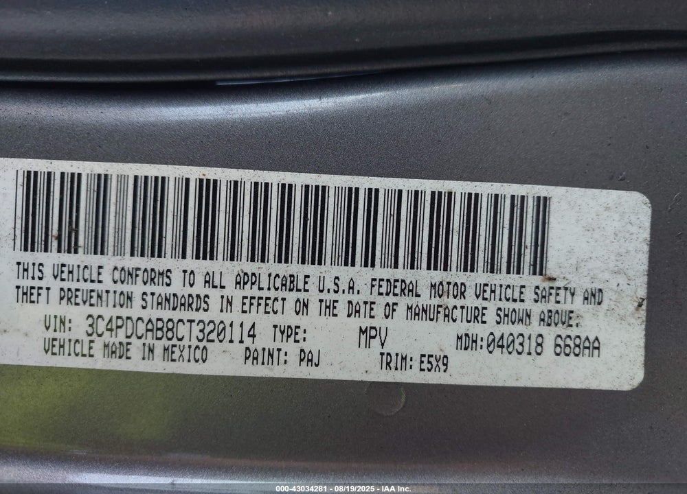 2012 DODGE JOURNEY VIN: 3C4PDCAB8CT320114