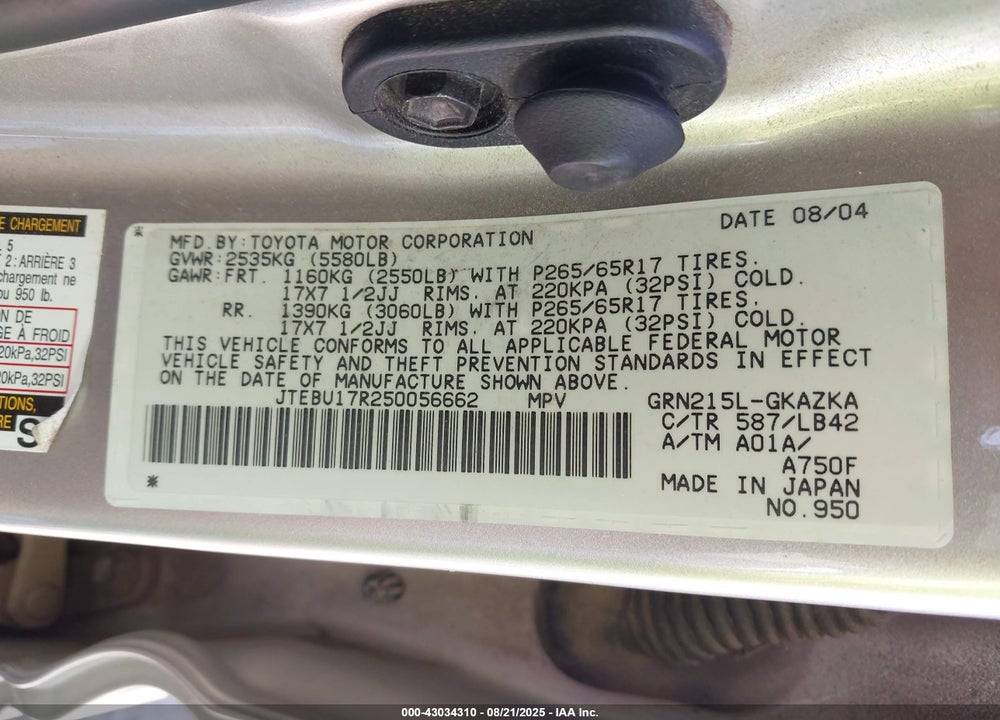 2005 TOYOTA 4RUNNER LIMITED V6 VIN: JTEBU17R250056662