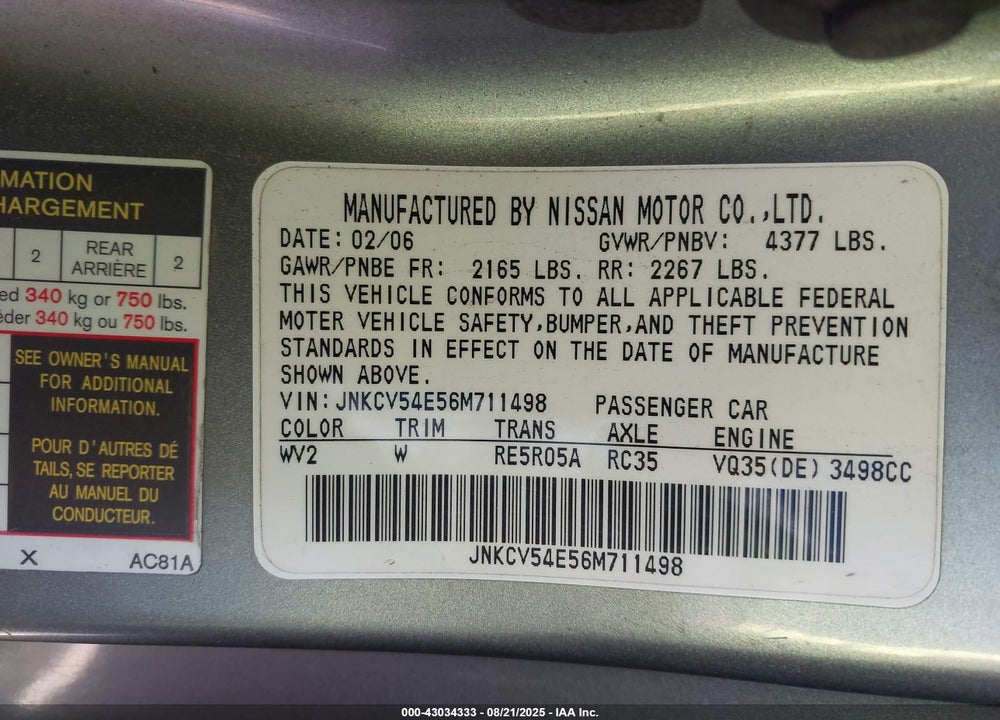 2006 INFINITI G35 VIN: JNKCV54E56M711498