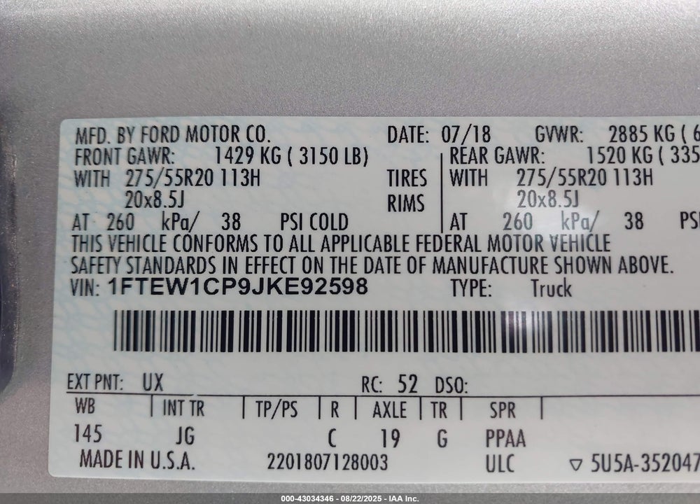 2018 FORD F-150 XL VIN: 1FTEW1CP9JKE92598