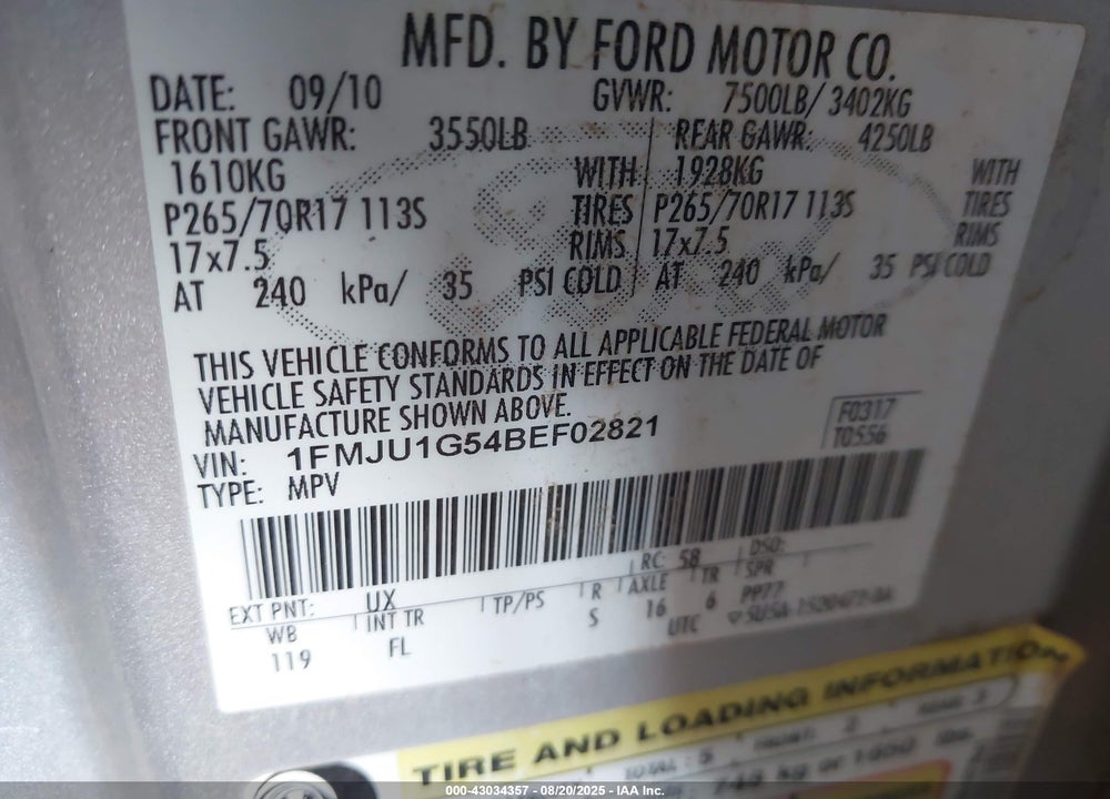 2011 FORD EXPEDITION VIN: 1FMJU1G54BEF02821