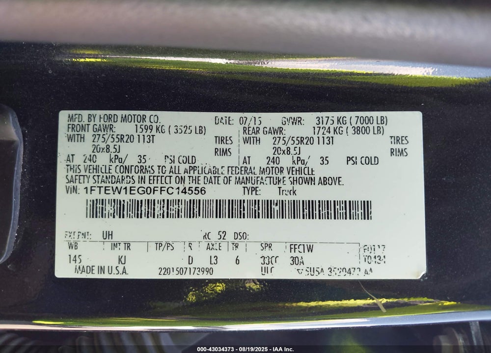 2015 FORD F-150 VIN: 1FTEW1EG0FFC14556