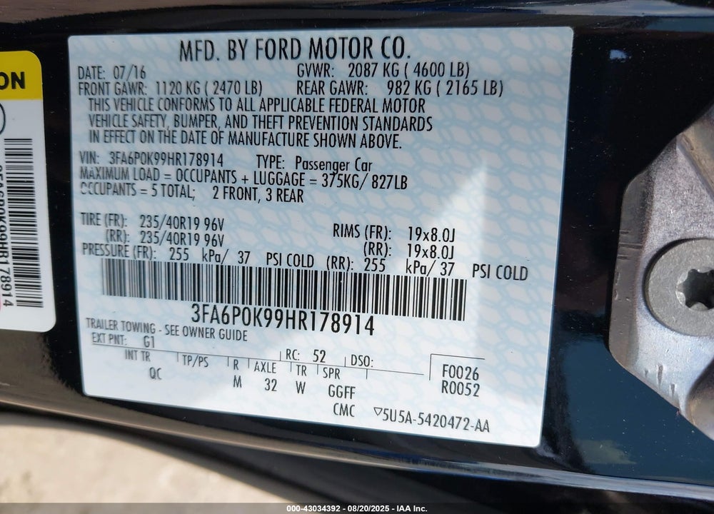 2017 FORD FUSION VIN: 3FA6P0K99HR178914