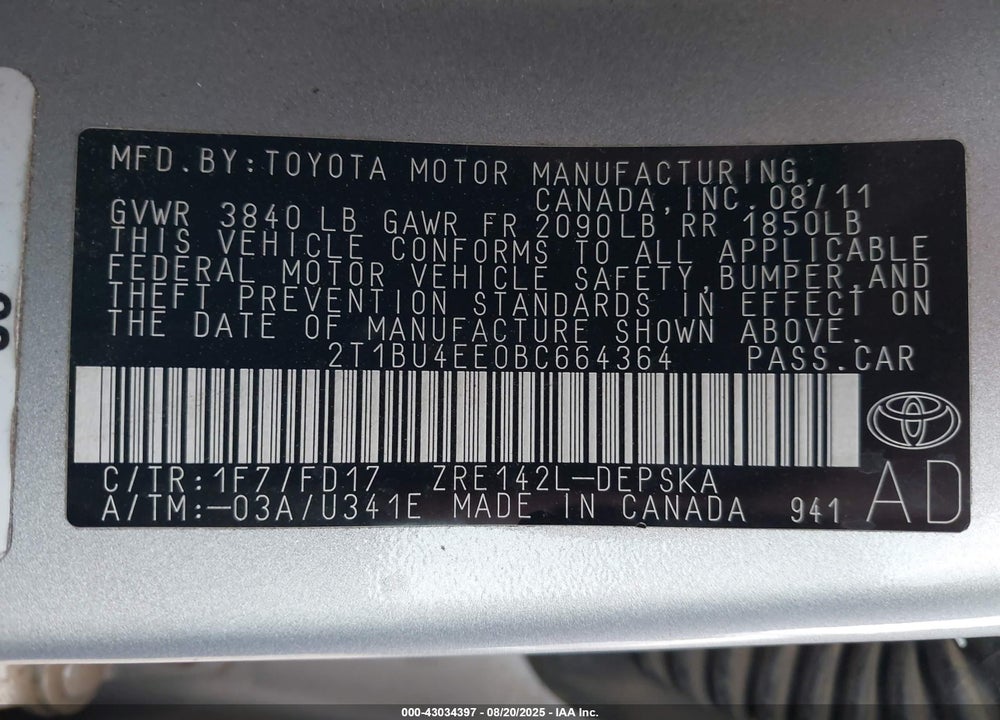 2011 TOYOTA COROLLA VIN: 2T1BU4EE0BC664364