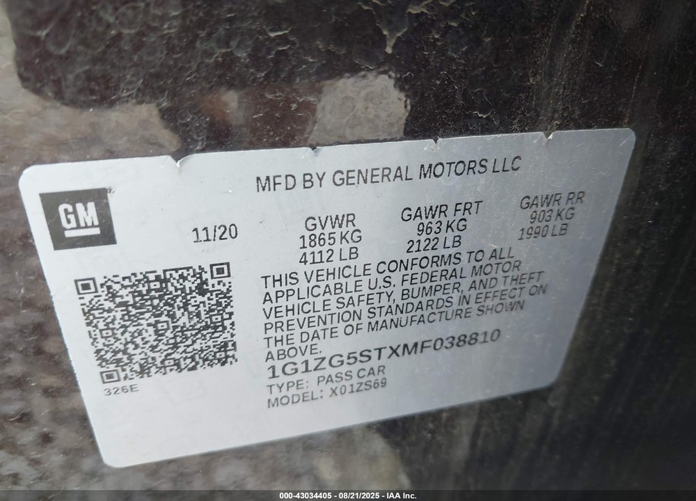 2021 CHEVROLET MALIBU VIN: 1G1ZG5STXMF038810