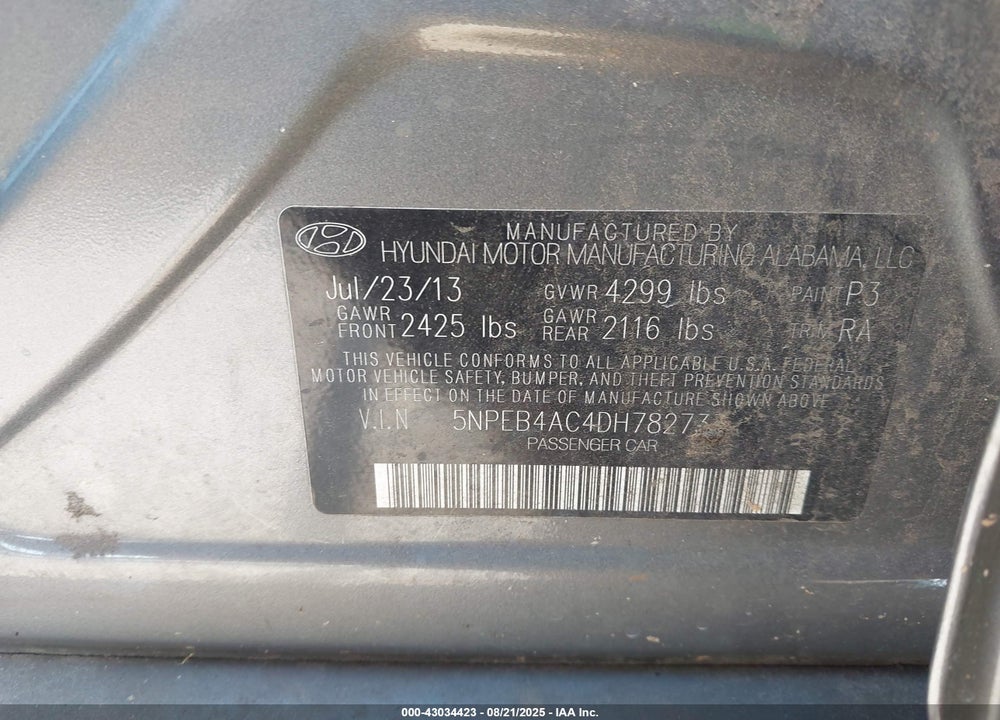 2013 HYUNDAI SONATA VIN: 5NPEB4AC4DH782733
