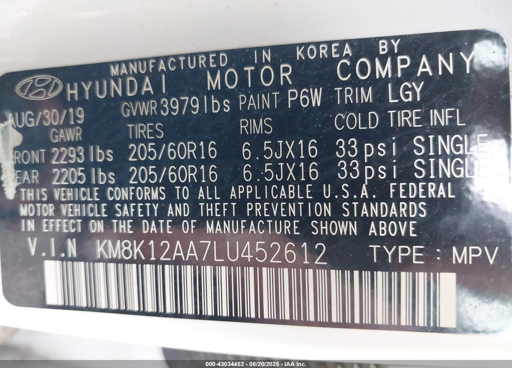 2020 HYUNDAI KONA VIN: KM8K12AA7LU452612