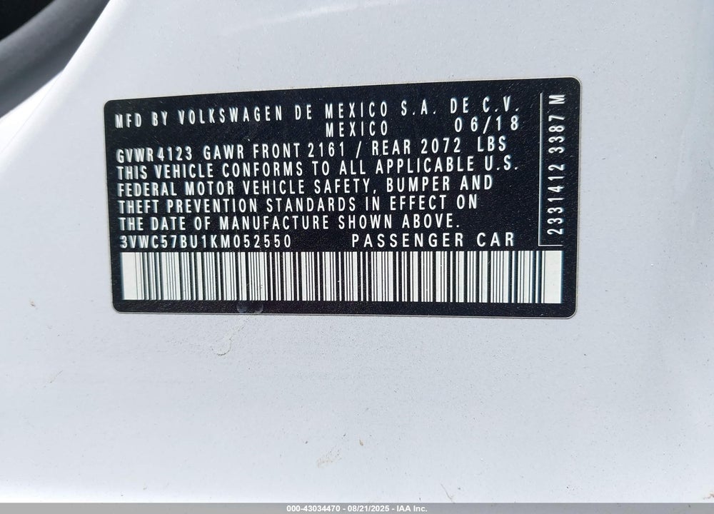 2019 VOLKSWAGEN JETTA VIN: 3VWC57BU1KM052550