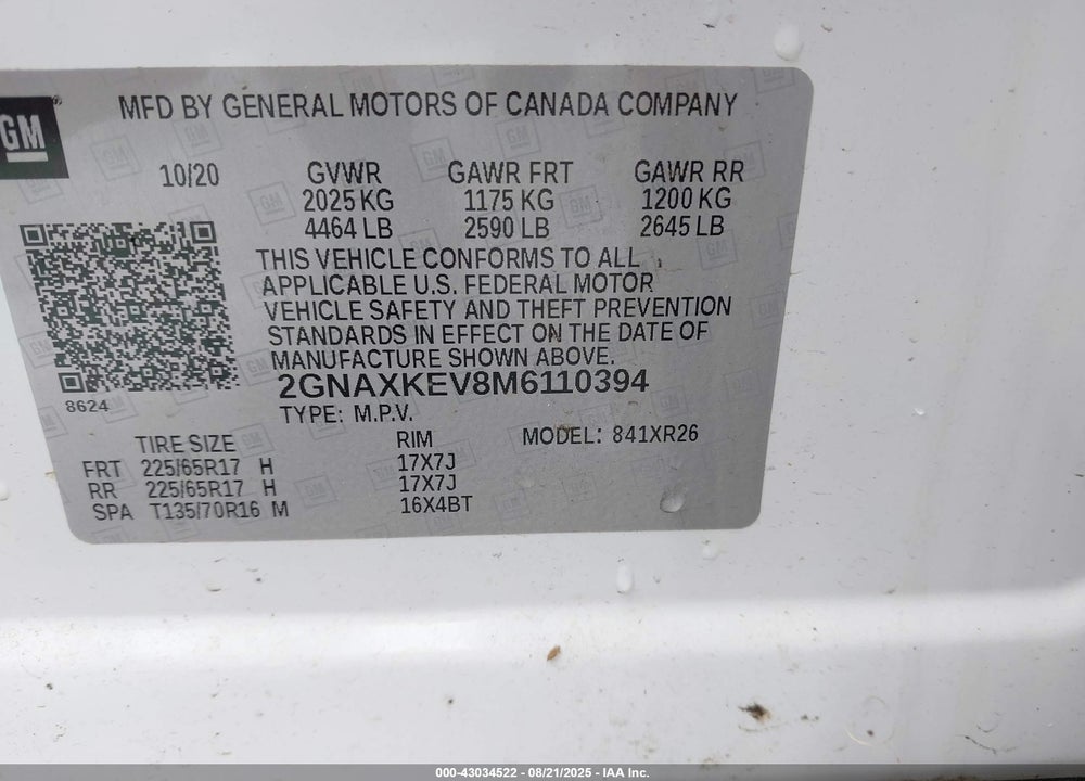 2021 CHEVROLET EQUINOX VIN: 2GNAXKEV8M6110394